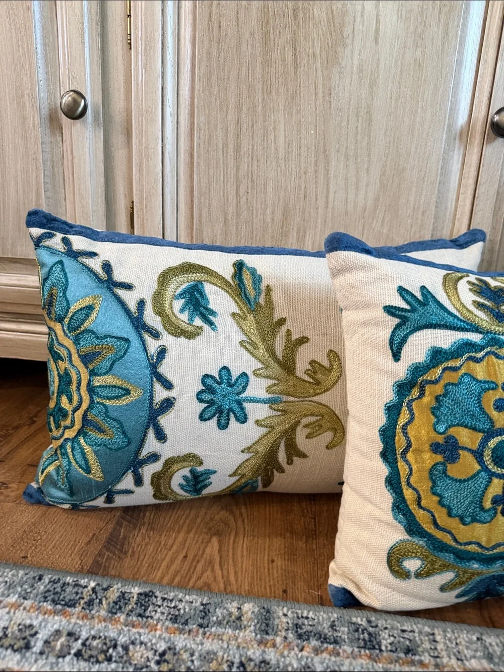 Pier 1 Embroidered Lumbar Pillows in Blue, Teal & Gold